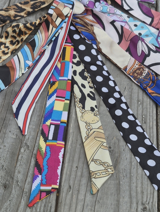 Accessories - Bundle Of 9 Satin Multi-Pattern Skinny Scarfs Bag Ties - Assorted Styles